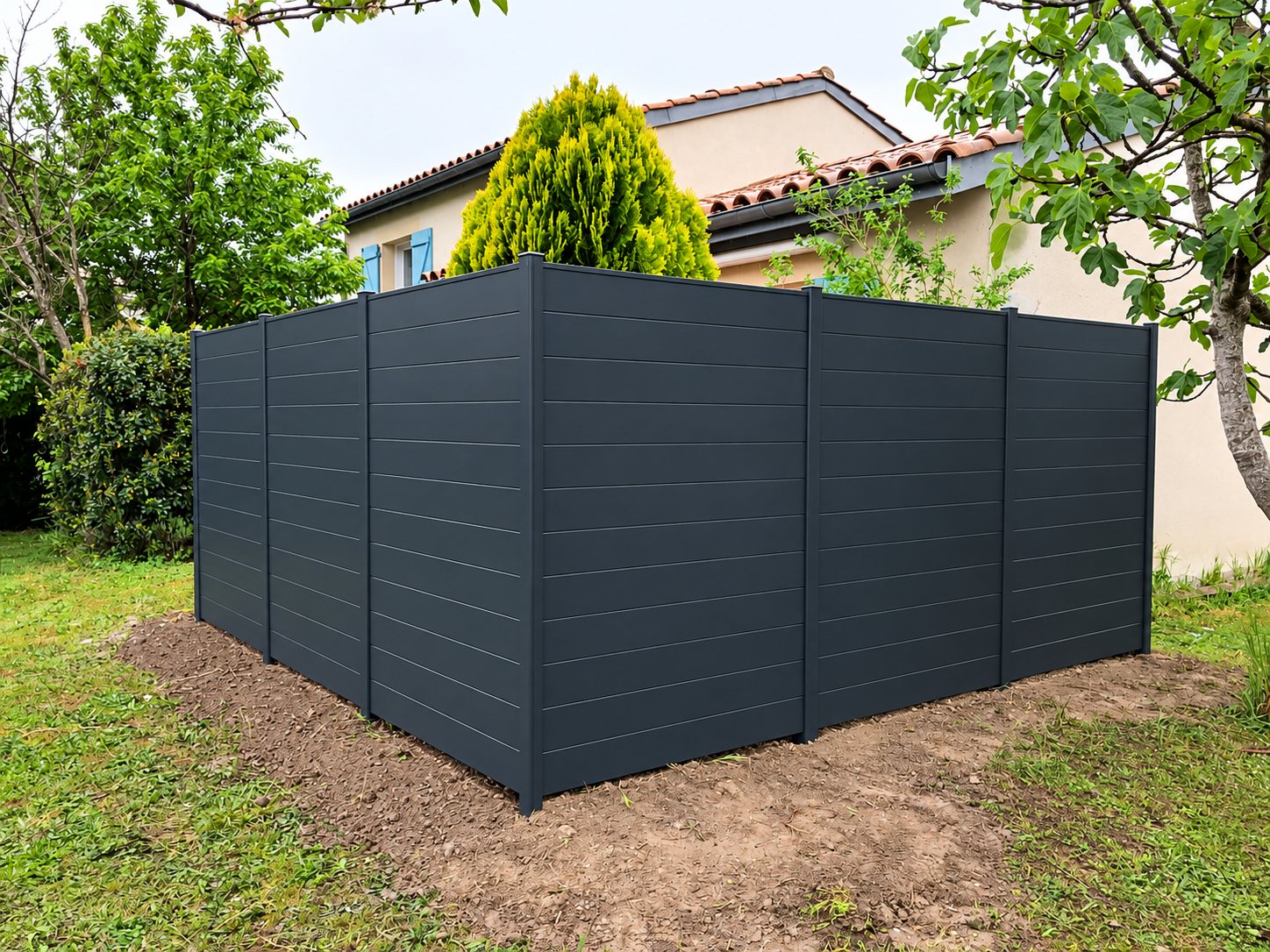 Une clôture à lames horizontales gris anthracite forme un angle dans un jardin, devant une maison à toit de tuiles et volets bleus.