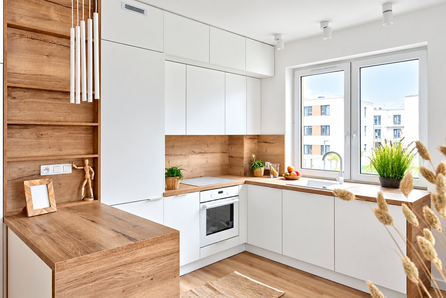 Cuisine moderne en L aux façades blanches mates et aux plans de travail en bois clair, équipée d'un four encastré et d'un évier sous une grande fenêtre.