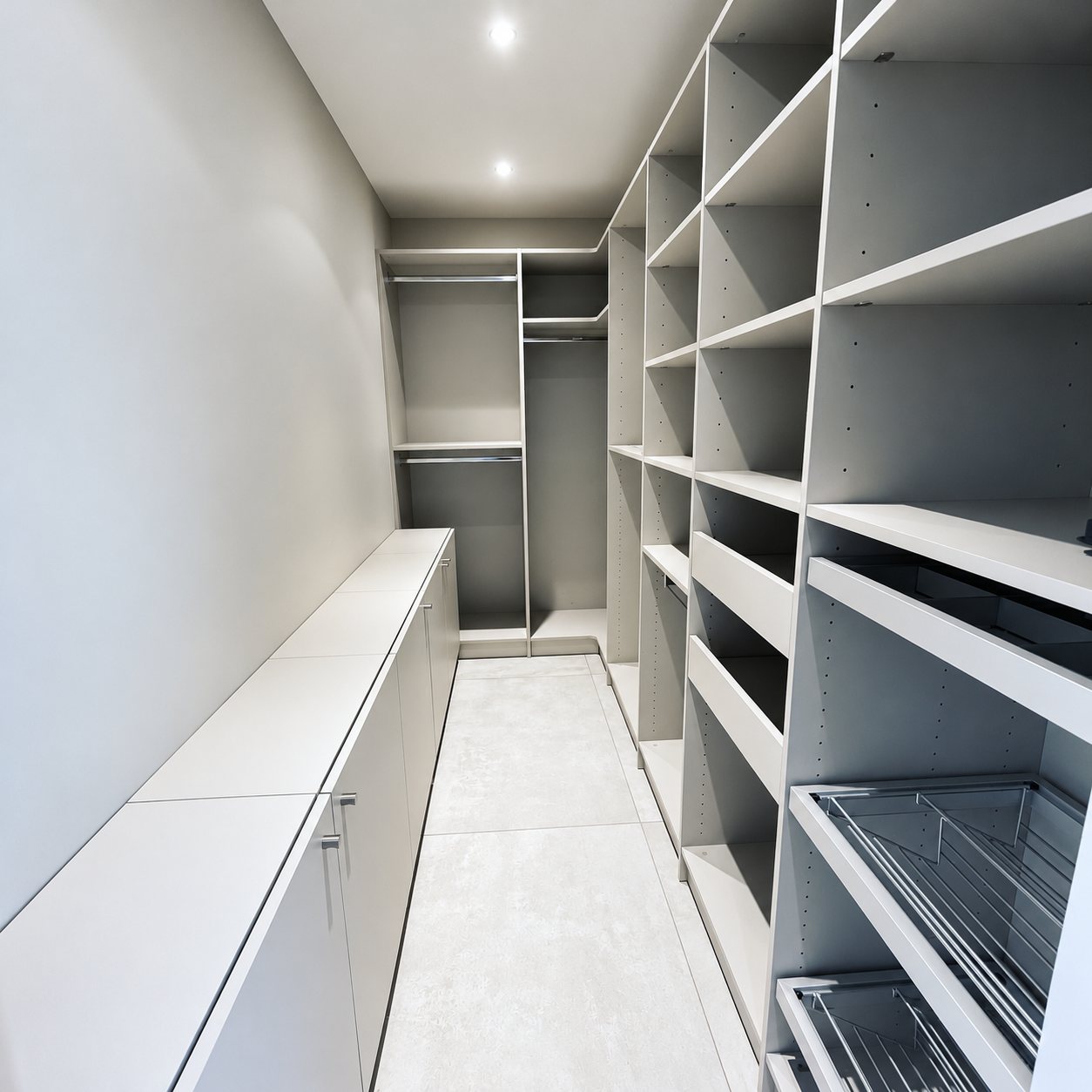 Dressing étroit aménagé sur mesure avec étagères, penderies, meubles bas à portes et paniers coulissants, dans des tons clairs.