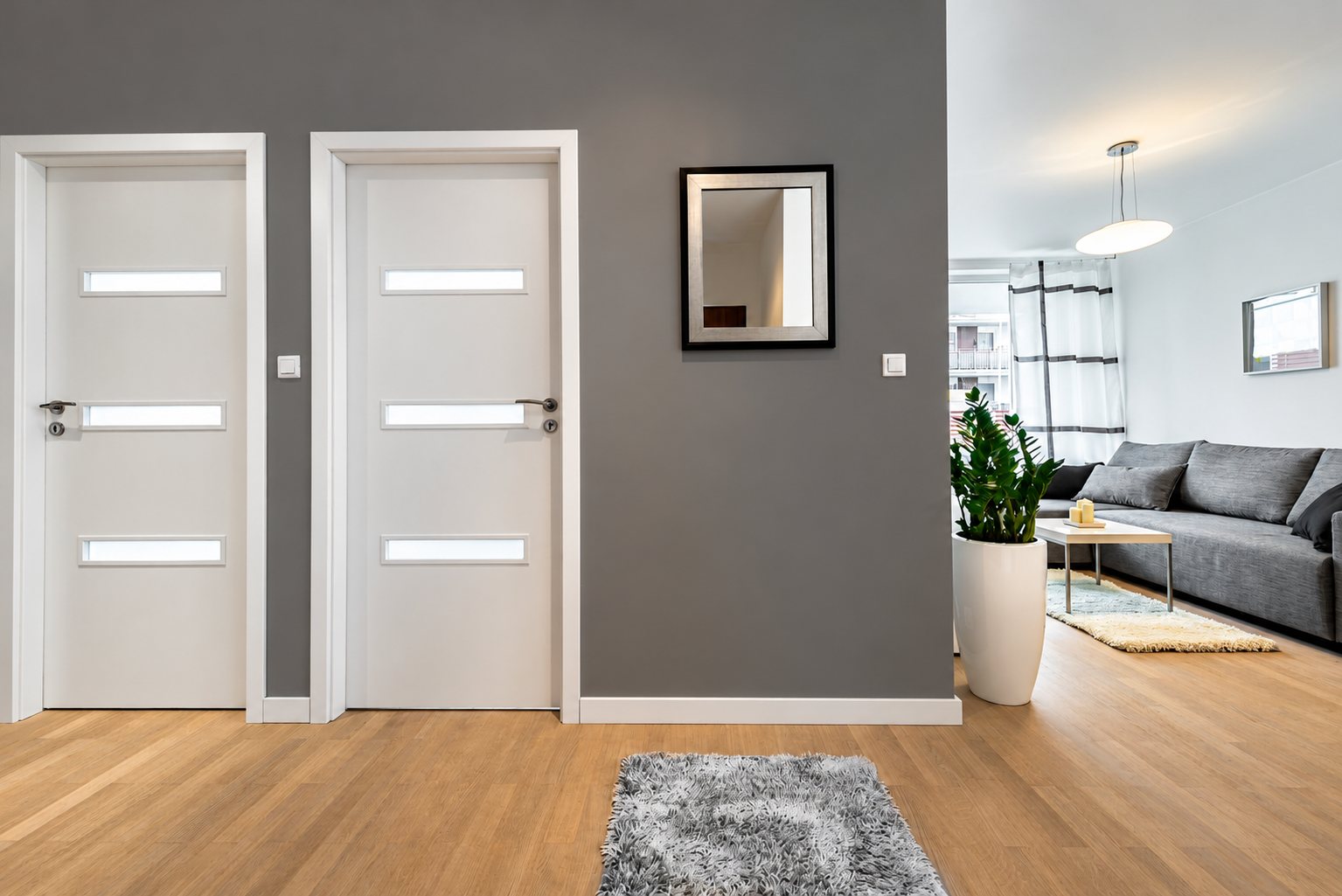 Entrée lumineuse d'un appartement avec deux portes blanches à vitrages étroits, un mur gris, un parquet clair et un salon avec canapé gris.