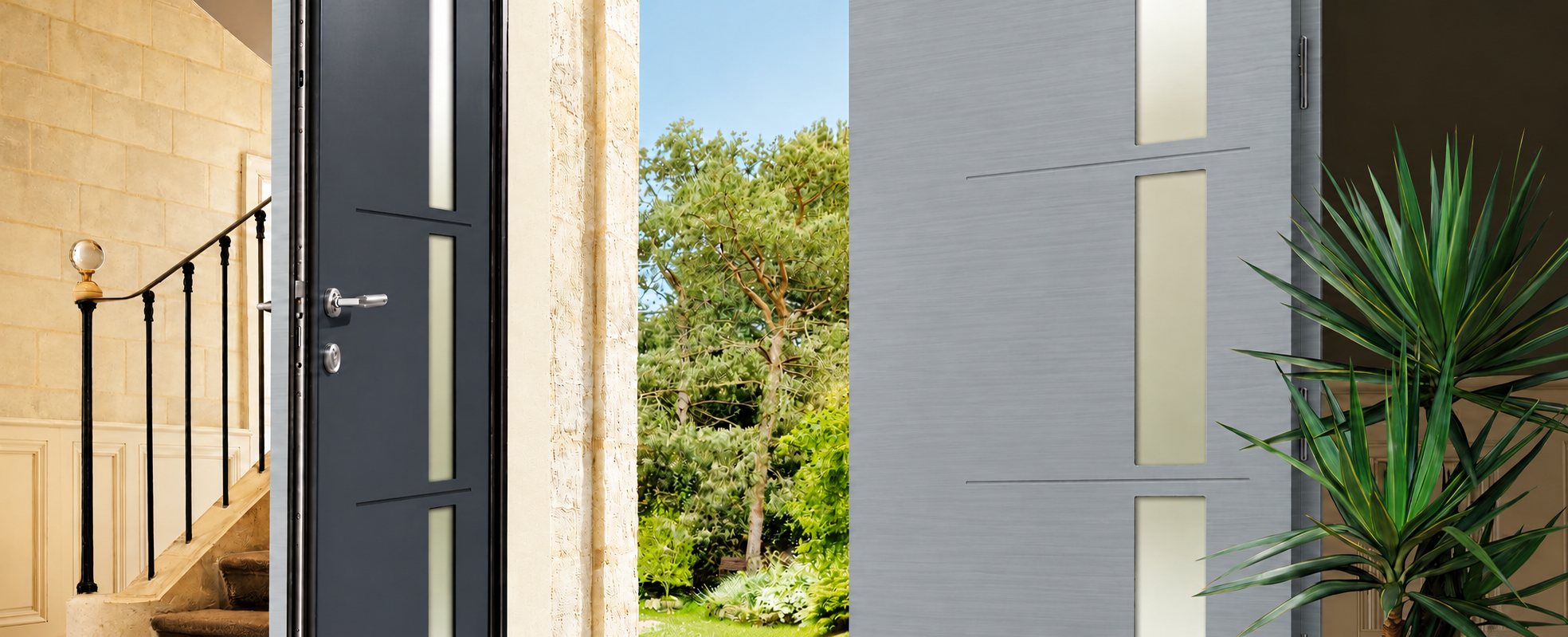 Une porte d'entrée moderne gris anthracite avec bandes vitrées s'ouvre depuis un hall avec escalier et plante verte sur un jardin arboré.