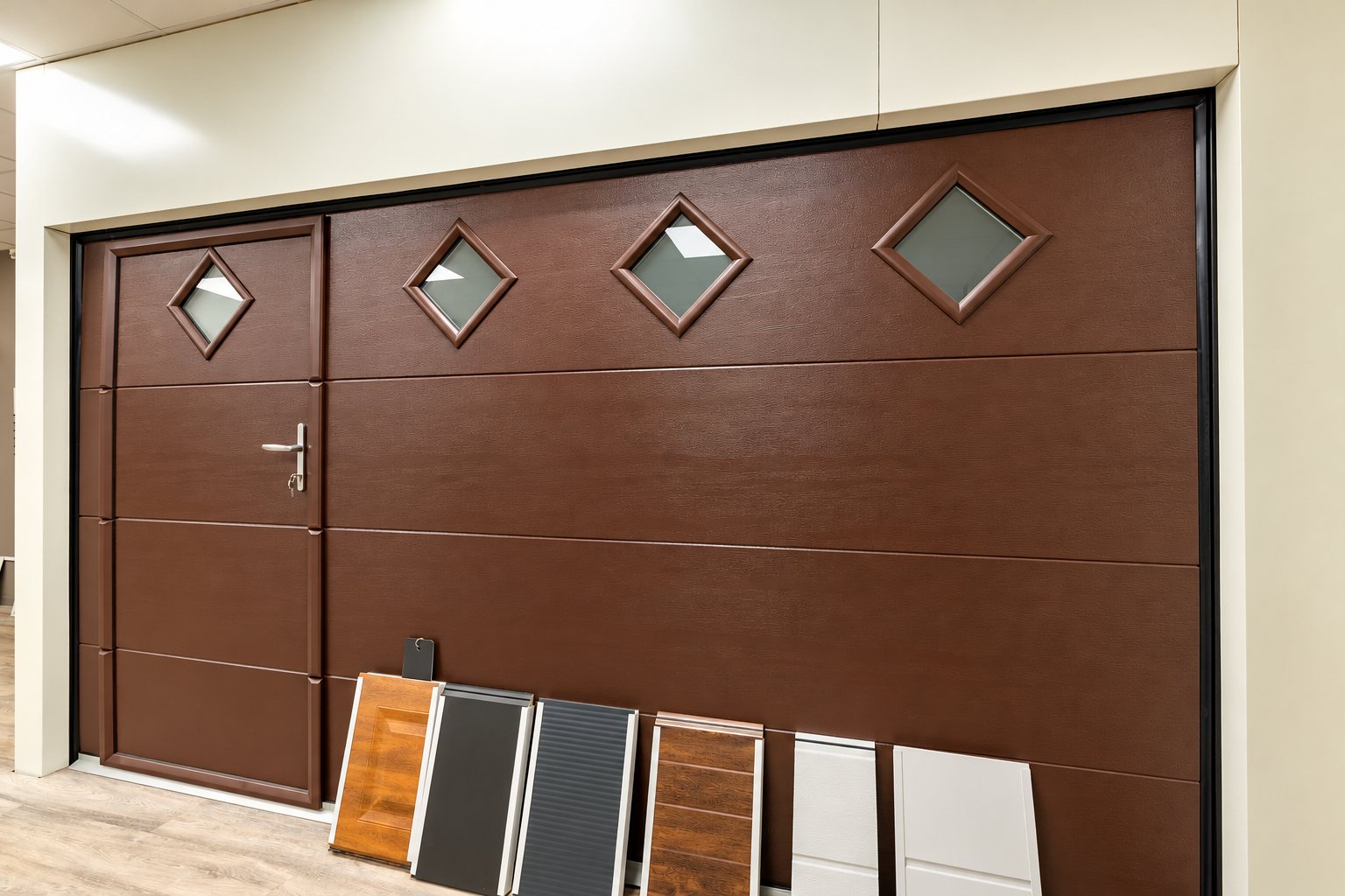 Porte de garage sectionnelle marron avec portillon intégré et hublots en losange, devant des échantillons de panneaux de différentes couleurs dans un showroom.