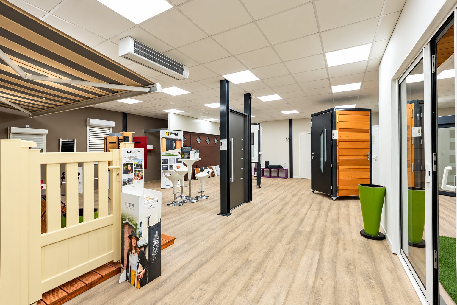 Intérieur lumineux d'un showroom présentant des portes d'entrée, un portail beige, une pergola, des volets roulants et des baies vitrées.