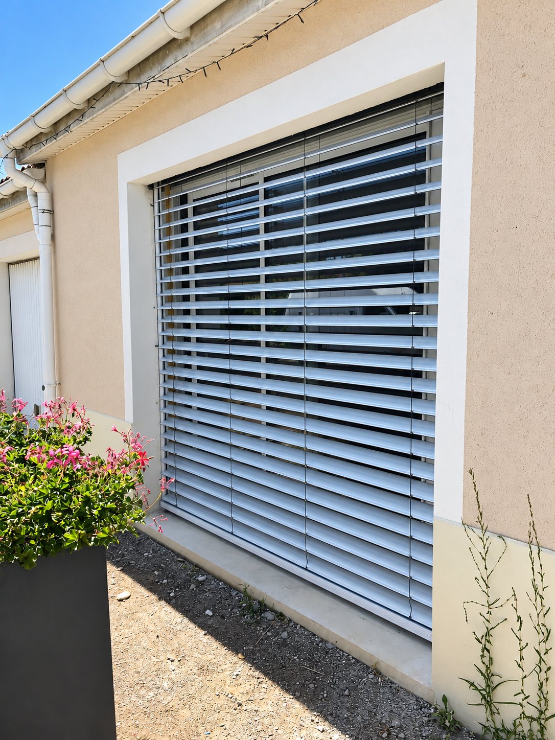 Une grande fenêtre d'une maison à façade beige équipée d'un store extérieur à lamelles orientables grises, avec des géraniums roses au premier plan.